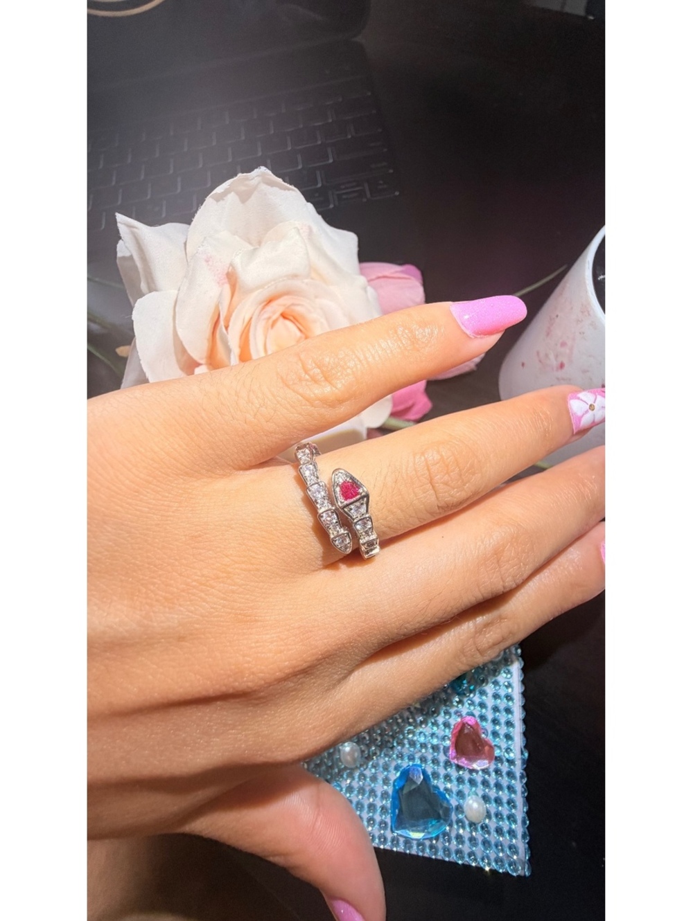 Elegant Silver Ring with Pink and Clear Gemstones size 7-8